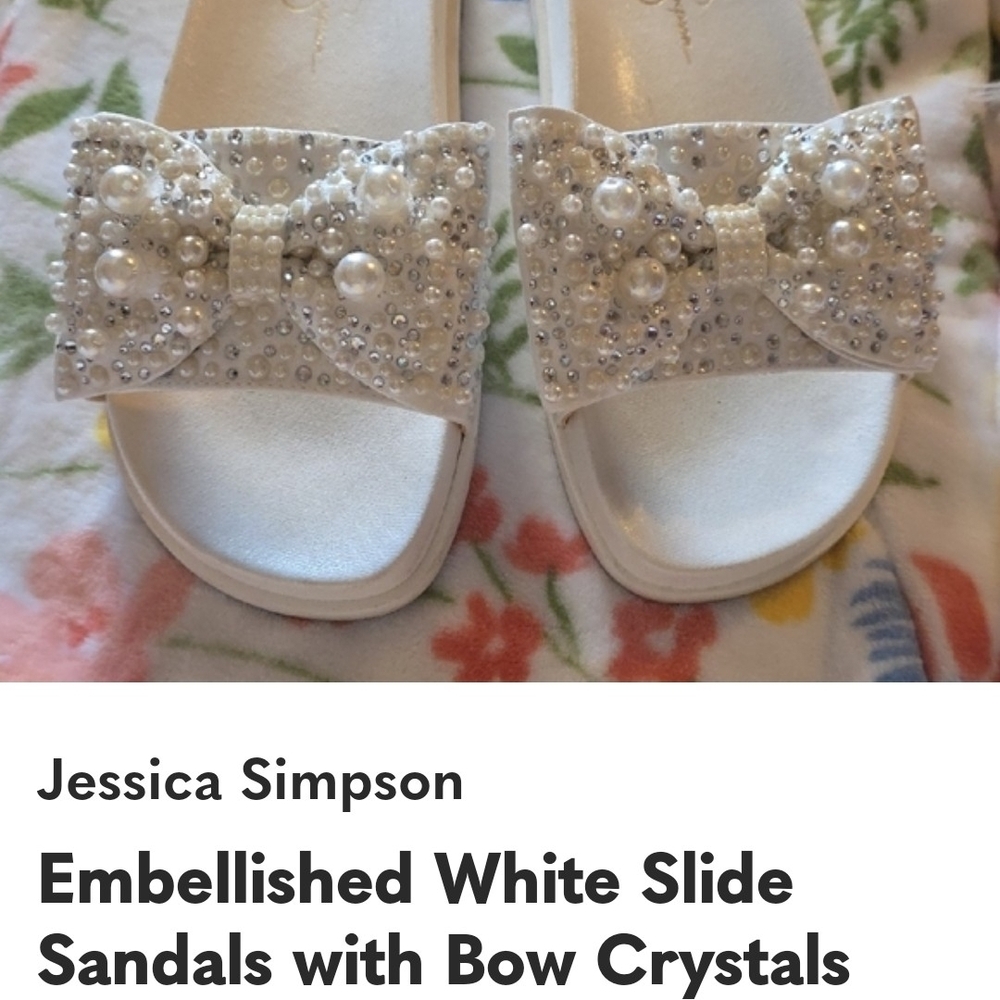 Jessica Simpson White Bow Slide Sandals with Pearls & Crystals Cluster